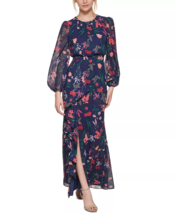 Eliza Ej2-9237 Floral Cascade Ruffle Long Sleeve Dress Sz 0 Navy Multi - £82.19 GBP