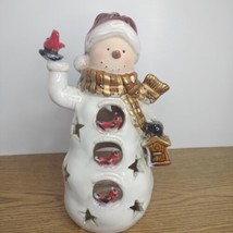 Christmas Snowman Tea Light Holder Votive Candle Holder W/Birds Ceramic 10&quot;X7 - £26.56 GBP