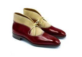 Rounded Toe Superior Beige Maroon Two Tone Genuine Leather Men High Ankl... - $149.99