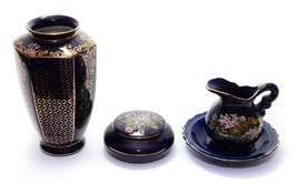 Vintage Set of 4 Oriental Pitcher Vase Trinket Cobalt Blue Flower Gold Trim  - £13.50 GBP