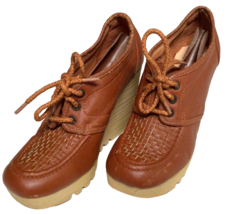 Vtg 70s 4&quot; Wedge Platform Vegan Brown Lace-Up Sky High Oxford Mules Shoe Sz 5.5 - £53.07 GBP