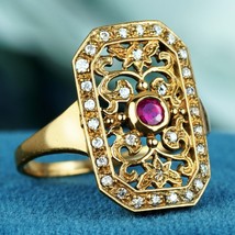 Natural Ruby and Diamond Octagon Filigree Ring in Solid 9K Yellow Gold - £638.68 GBP