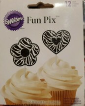 Wilton &quot;Black &amp; White Flowers &amp; Hearts&quot; Fun Pix - Cupcake Toppers Picks - NEW ! - £3.14 GBP