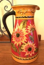 Pier 1 Sunflower Pitcher 72 oz Hand Painted Terracotta Discontinued Yellow Red - £31.67 GBP