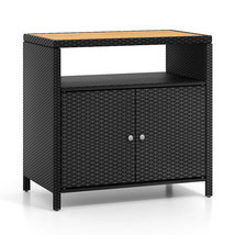 Rattan Storage Cabinet with Acacia Wood Countertop for Poolside Deck and Patio-B - €175,69 EUR