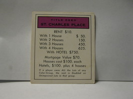 1985 Monopoly Board Game Piece: St. Charles Place Title Deed - $0.75