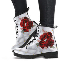 Combat Boots - Beautiful Red Roses #103 | Boho Shoes, Handmade Lace Up Boots, Ve - £71.90 GBP