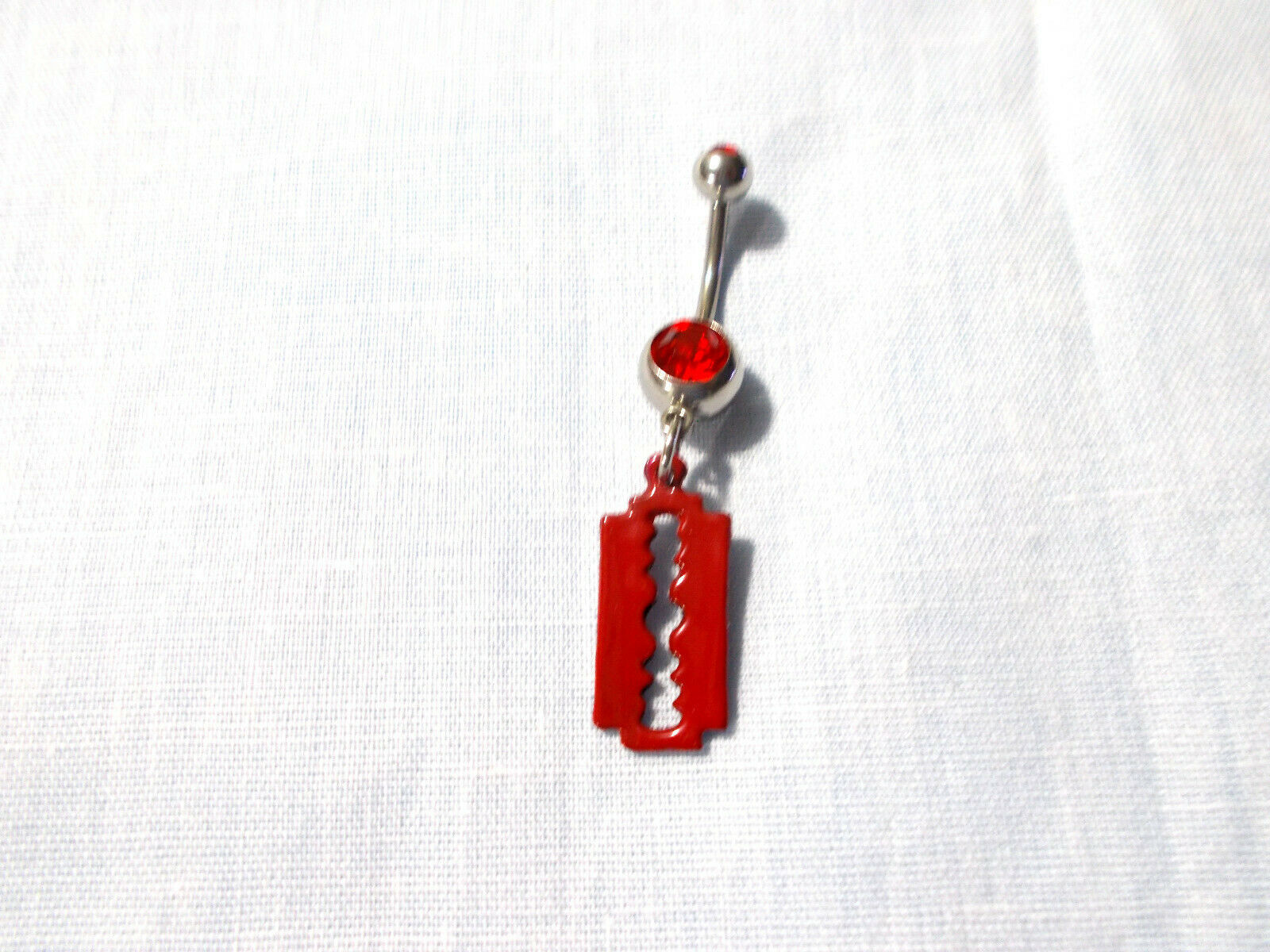Primary image for NEW HAND ENAMEL BLOOD RED RAZOR BLADE CHARM 14G RED CZ BELLY RING BARBELL