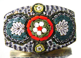 Victorian Micro  Mosaic Brooch Red Green Black Flower Leaf Italy - $44.00