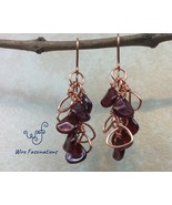 Handmade copper earrings: chainlink waterfall of rose petal beads and fr... - $559.68 MXN