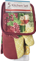 5pc Printed Kitchen Set: 2 Pot Holders, 1 Oven Mitt &amp; 2 Towels, WINE &amp; G... - £11.47 GBP