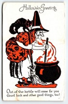 Halloween Postcard Witch Stirs Caldron Magic Brew Black Cat Antique Metropolitan - £34.36 GBP