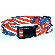 Handmade Patriotic Wavy Flags Adjustable Dog Collar Cotton Over Nylon Webbing - $13.00