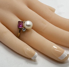 sterling silver Gold Tone pearl pink gem ring size 7 - £35.97 GBP