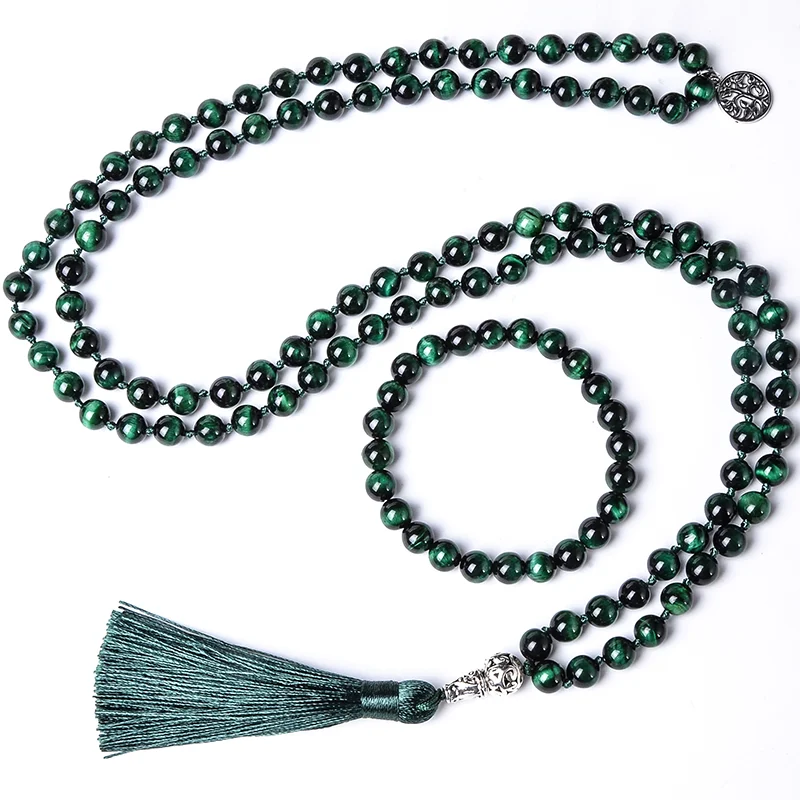 Game Fun Play Toys 8mm Natural Green Tiger Eye Knotted Beaded 108 Japamala Aklac - £48.64 GBP