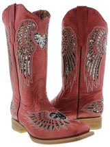Womens Western Wear Boots Red Leather Silver Sequins Heart Wings Size 4.... - $97.00