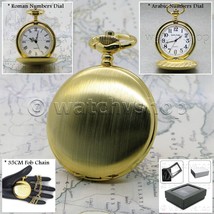 Gold Color Pocket Watch Vintage Men Watch 47 MM with Fob Chain Gift Box P145 - £16.37 GBP