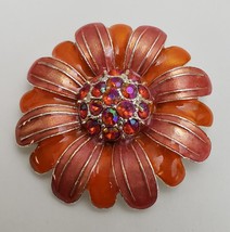 Vintage Avon Enamel Flower Brooch Pin Orange Pink Rhinestones Silver-Ton... - $29.65