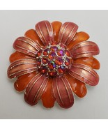 Vintage Avon Enamel Flower Brooch Pin Orange Pink Rhinestones Silver-Ton... - $29.65