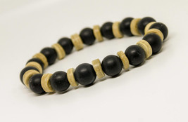 Wooden rings, Black Matte Onyx bracelet- Mens Beaded Bracelet, Womens Br... - £14.29 GBP