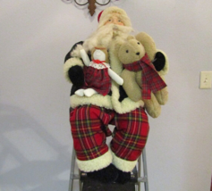 VTG Santa Claus Porcelain Face with Doll Teddy Bear Figure Sitting Shelf Mantle - £37.38 GBP