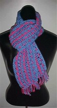 Hand Crochet Scarf #148 Blue/Pink 62 x 5 w/Fringe NEW - $12.19