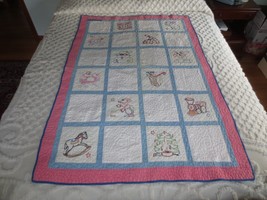 Vtg. Hand Quilted Children&#39;s Embroidered Cotton Patchwork Quilt - 39&quot; X 57-1/2&quot; - £71.14 GBP