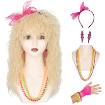 80s Women Costume Wig Set Long Curly Blonde Beige Wig with 80s Party Accessories - £7.41 GBP