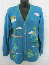 Quacker Factory Whimsical Seashore Cardigan Sweater L Blue Embroidered Euc - £31.41 GBP