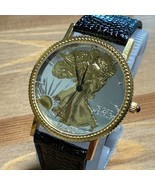 Coin Style Dial Analog Quartz Watch Men Gold Tone Leather ~ For Parts Re... - $23.74