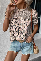 Khaki Leopard Shirred Round Neck Puff Sleeve Blouse - £20.30 GBP