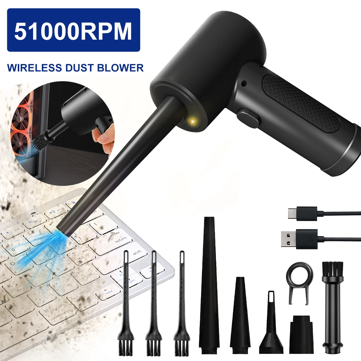 Cordless Air Duster Portable Air Blower Reusable 51000 RPM Adjustable Electric A - £73.31 GBP