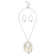 Hammered Multi Oval Pendant Necklace and Earrings Set Silver and Gold - £12.60 GBP