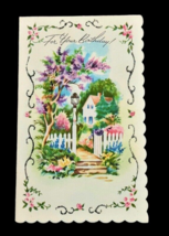 Unused 1950s Birthday Card Cottage with White Picket Fence Scalloped Vin... - £3.89 GBP