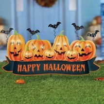 Lighted &quot;Happy Halloween&quot; Jack-O&#39;-Lanterns &amp; Bats Metal Garden Staked Ba... - $71.99