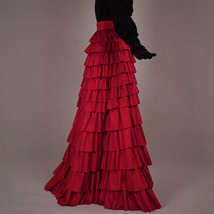 Dark Red Tiered Maxi Taffeta Skirt Women Plus Size Polyester Party Prom Skirt image 2