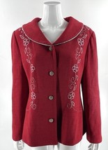 Liorah Knit Sweater Jacket Size 14 Red Wool Blend Rhinestone Silver Embe... - $143.55