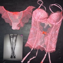 Victoria&#39;s Secret 32B,32C GARTER SLIP/CORSET S Panty PINK orange crystal... - $49.49+