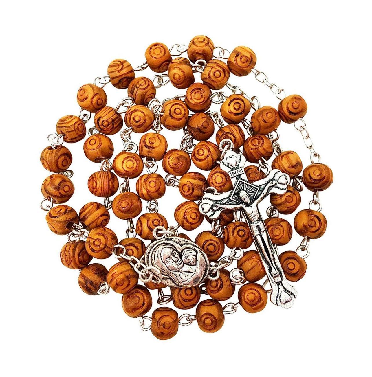 ROSARY NECKLACE Olive Wood Carved Beads and - $43.81