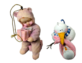Pink Baby Girl Packages Stork w/Baby Girl Stork Christmas Ornament Lot of 2 - £13.17 GBP