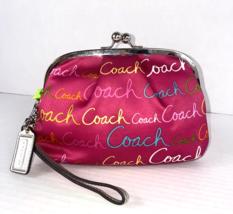 Coach Script Logo Wristlet Pink Sateen Silver Framed Kisslock Grey Leath... - $69.29