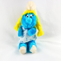 Vintage 1981 Plush Smurfette Toy 8&quot; Sitting Down Wallace &amp; Berne Wearing a Dress - £12.40 GBP