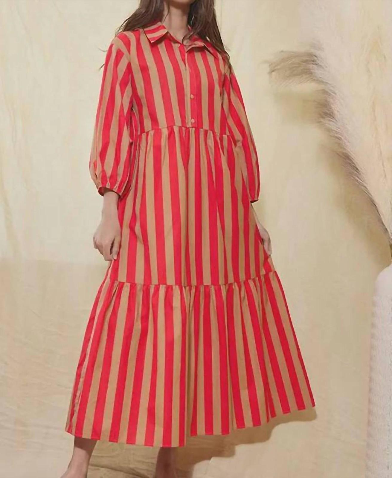 Bucketlist Tiered Stripe Shirt Dress Tan And Red - $52.00