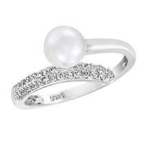 Mesmerizing White Pearl &amp; Cubic Zirconia Bypass Sterling Silver Adjustable Ring - £13.79 GBP