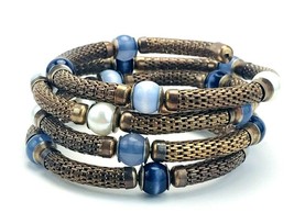 Bronzed Alloy Mesh Memory Wire Multi Wrap Faux Pearl Cats Eye Bead Coil Bracelet - £11.07 GBP