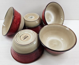 (5) Pier 1 Red Scroll Soup Cereal Bowls Set Embossed Serve Stoneware Dishes Lot - £52.00 GBP