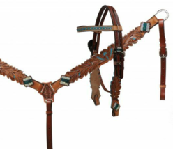 Western Saddle Horse Bling! Turquoise Leather Bridle + Breast Collar Tack Set - £62.98 GBP