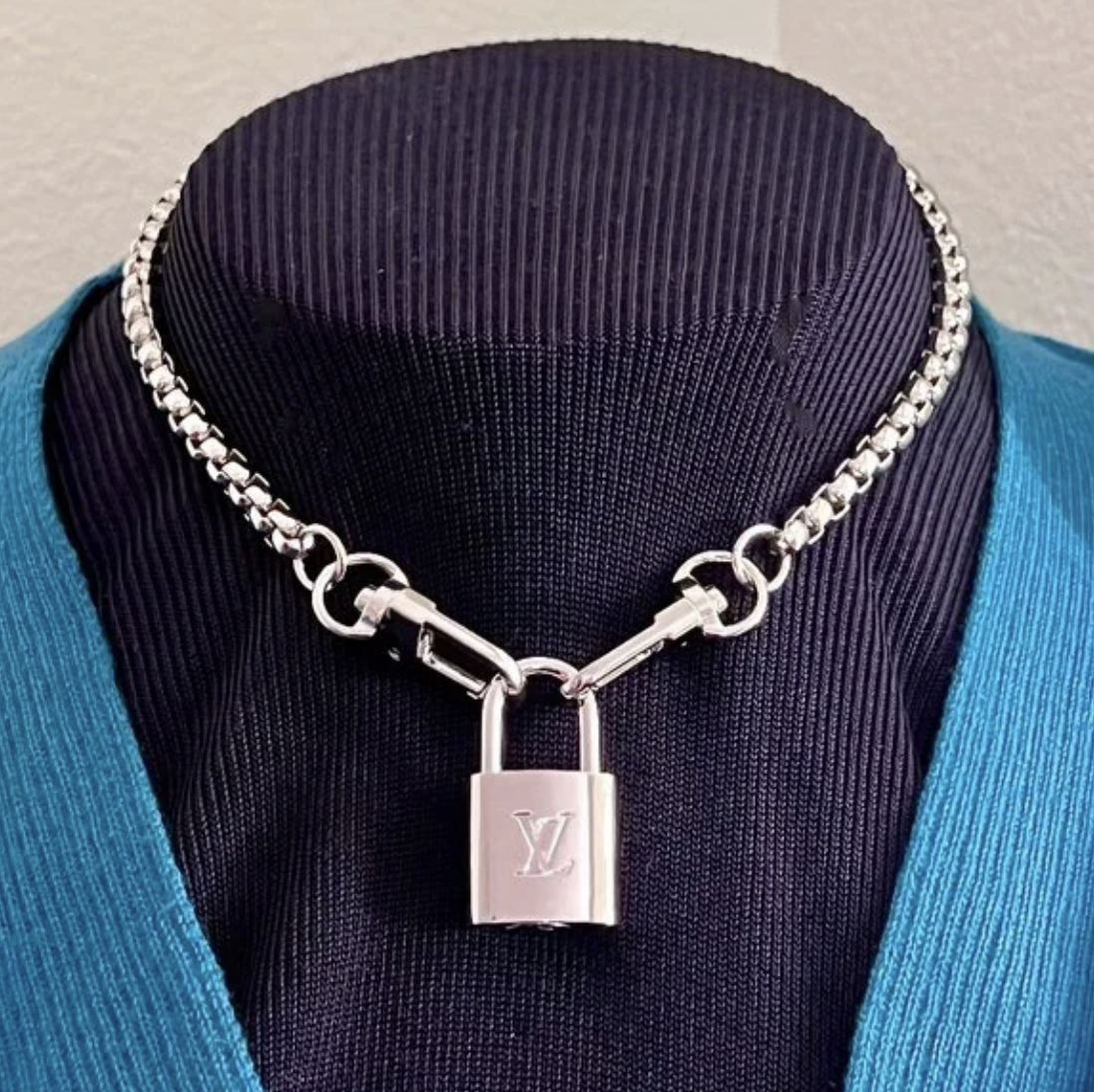 New Louis Vuitton Silver-Toned Lock on 16" Box Link Chain Choker Necklace