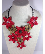 New Daisy Flower V-Shape Gold Red Crystal Chain Handmade Statement Necklace - £31.13 GBP