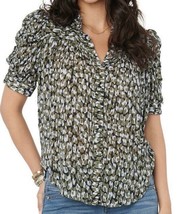 Democracy Button Puff Sleeve Ruched Flowy Short Sleeve Animal Print Top Sz L New - £14.53 GBP